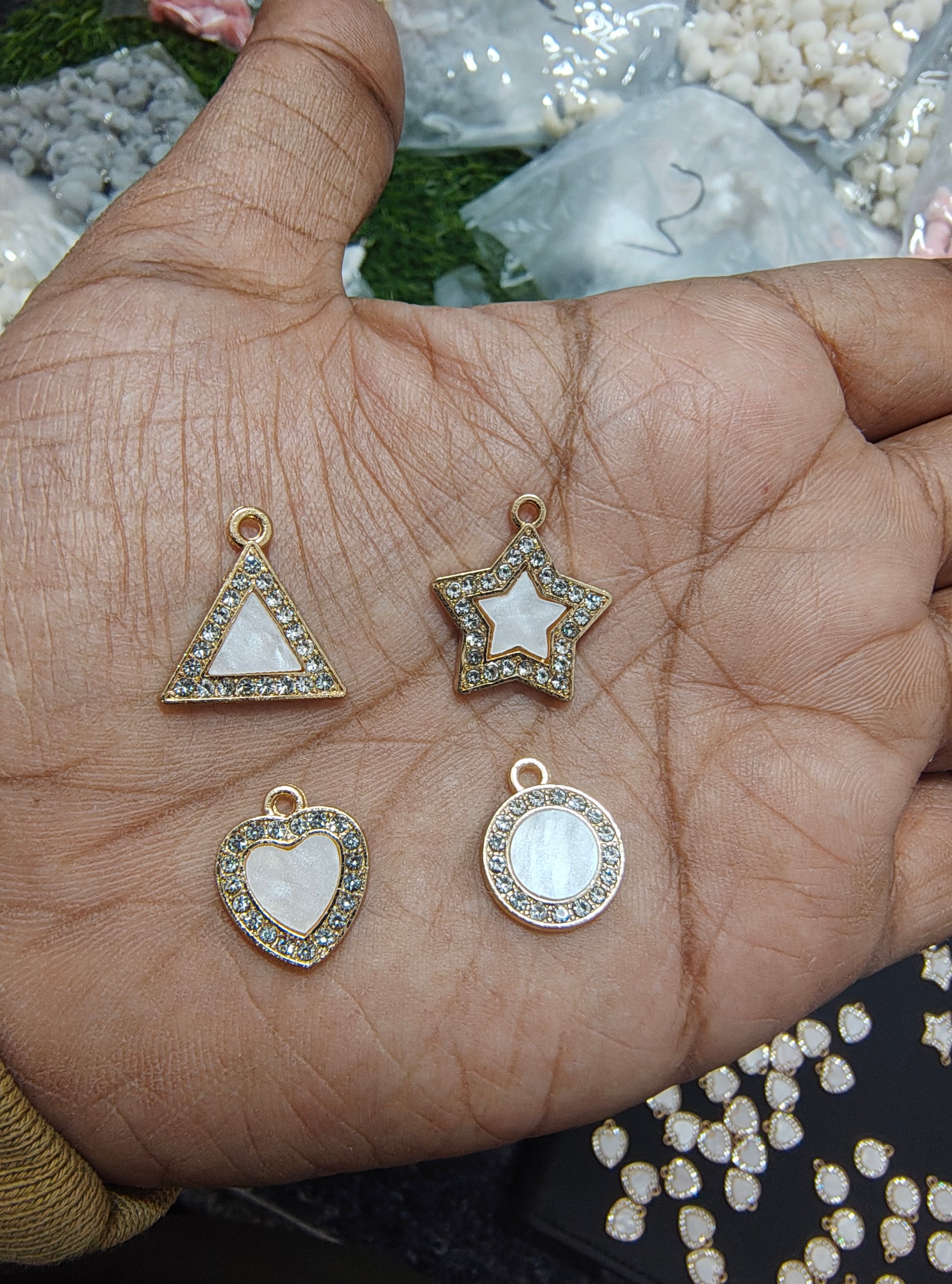 White triangle star heart round stone charm