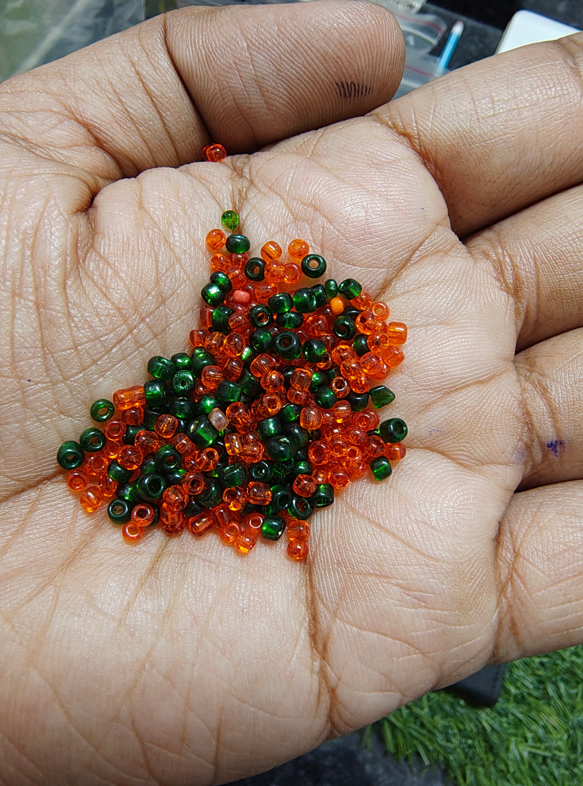 3mm green+orange seed beads